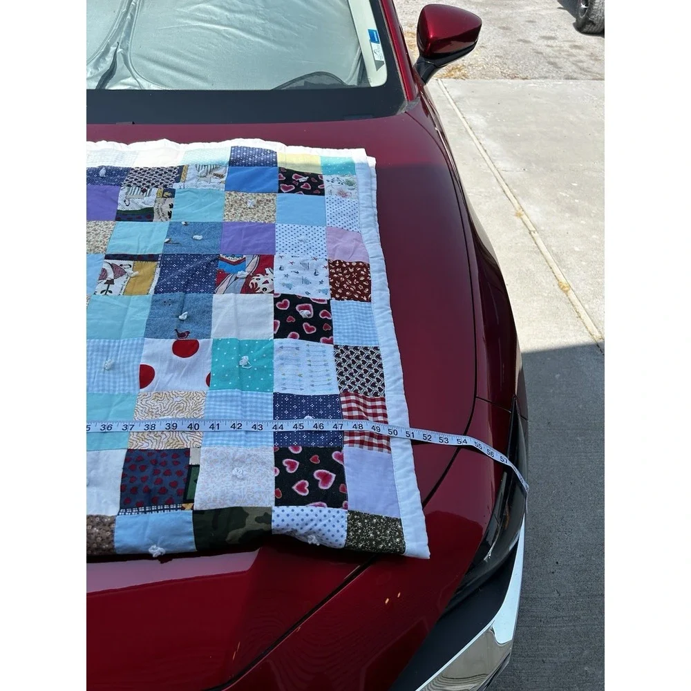 Handmade Patchwork Tie Quilt 51x64 Vintage Fabric Denim Cotton Throw